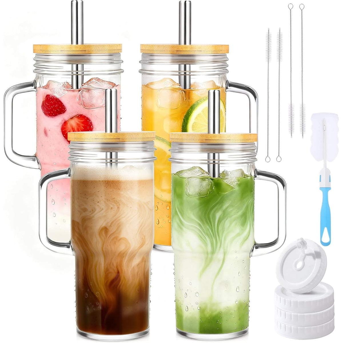 Birity front view of four glass tumblers showing clear design and handle benefit