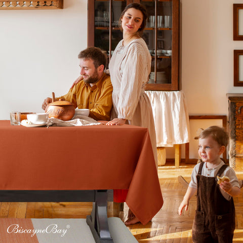 Biscaynebay styled Thanksgiving table with rust cloth enhancing autumn ambiance