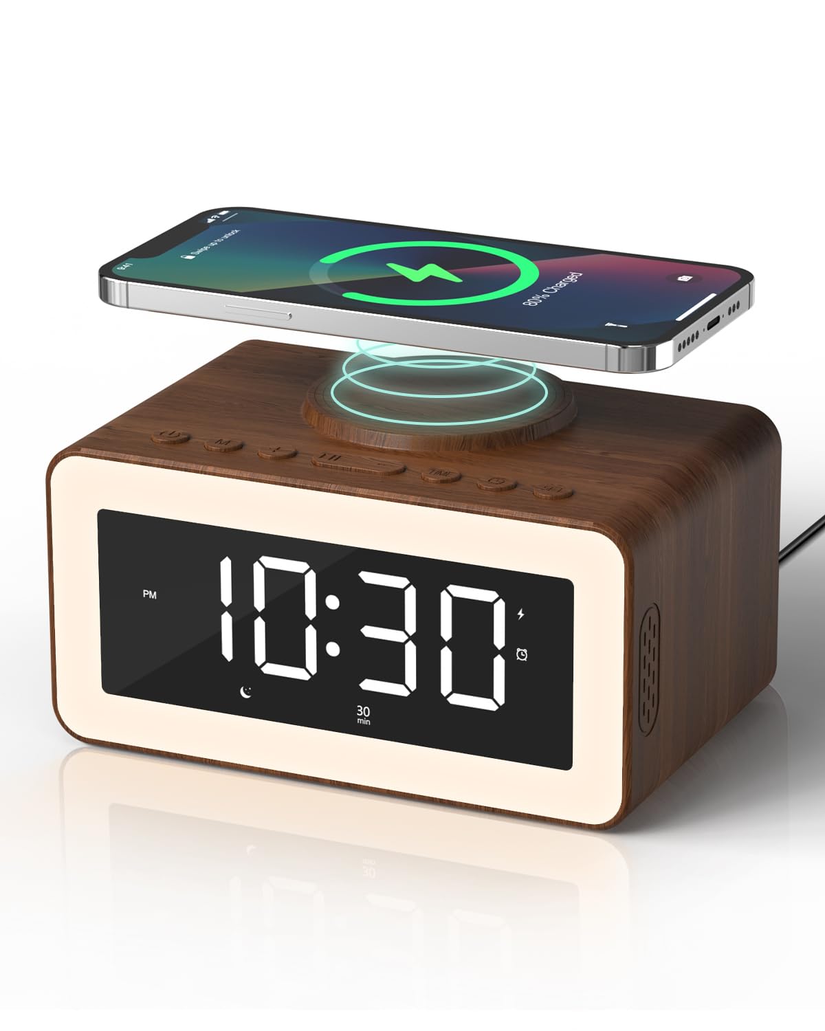 Biseoamz front view showing wood-grain finish and digital clock benefit: stylish bedside convenience