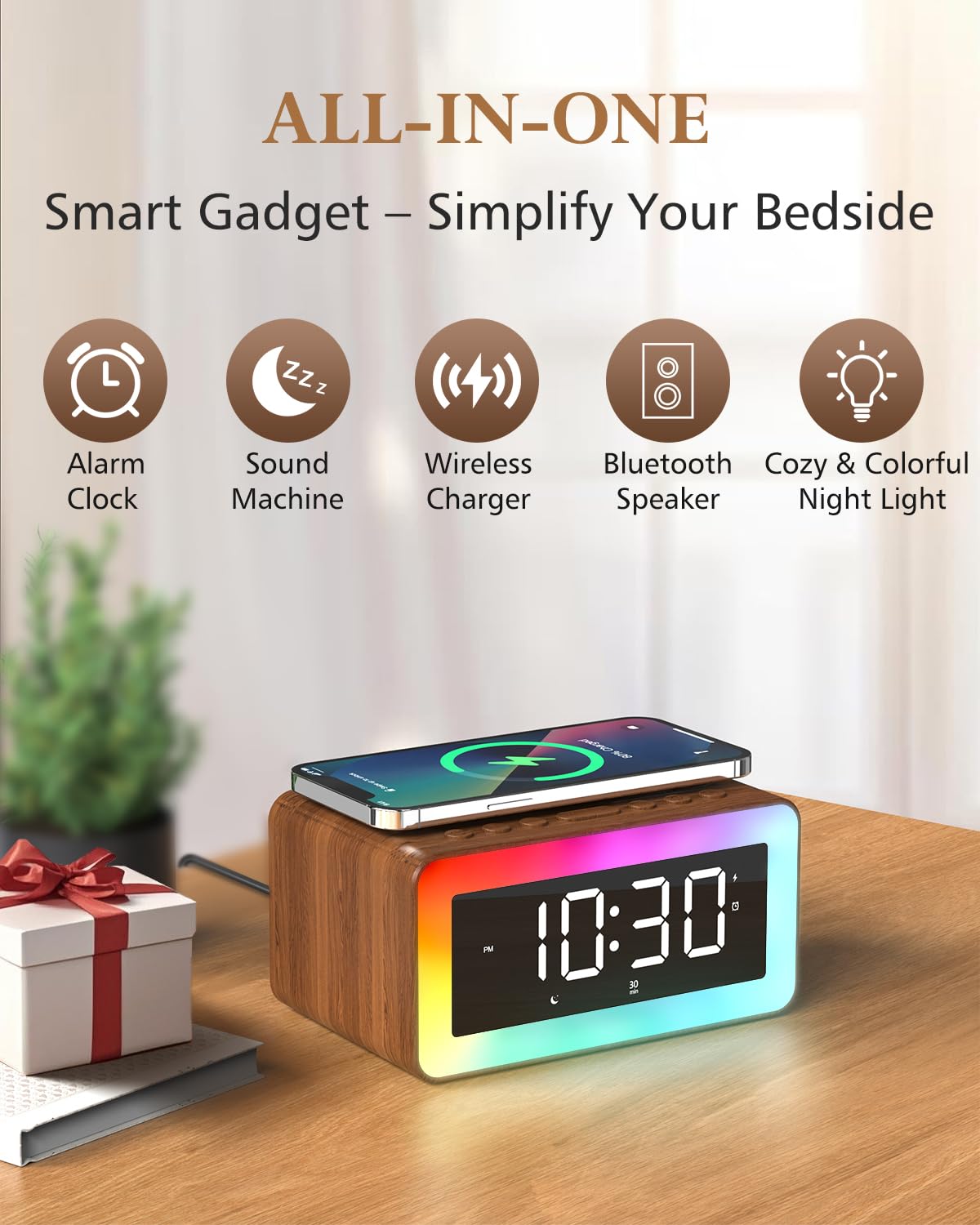 Biseoamz top view with phone on wireless charging pad benefit: cable-free overnight charging