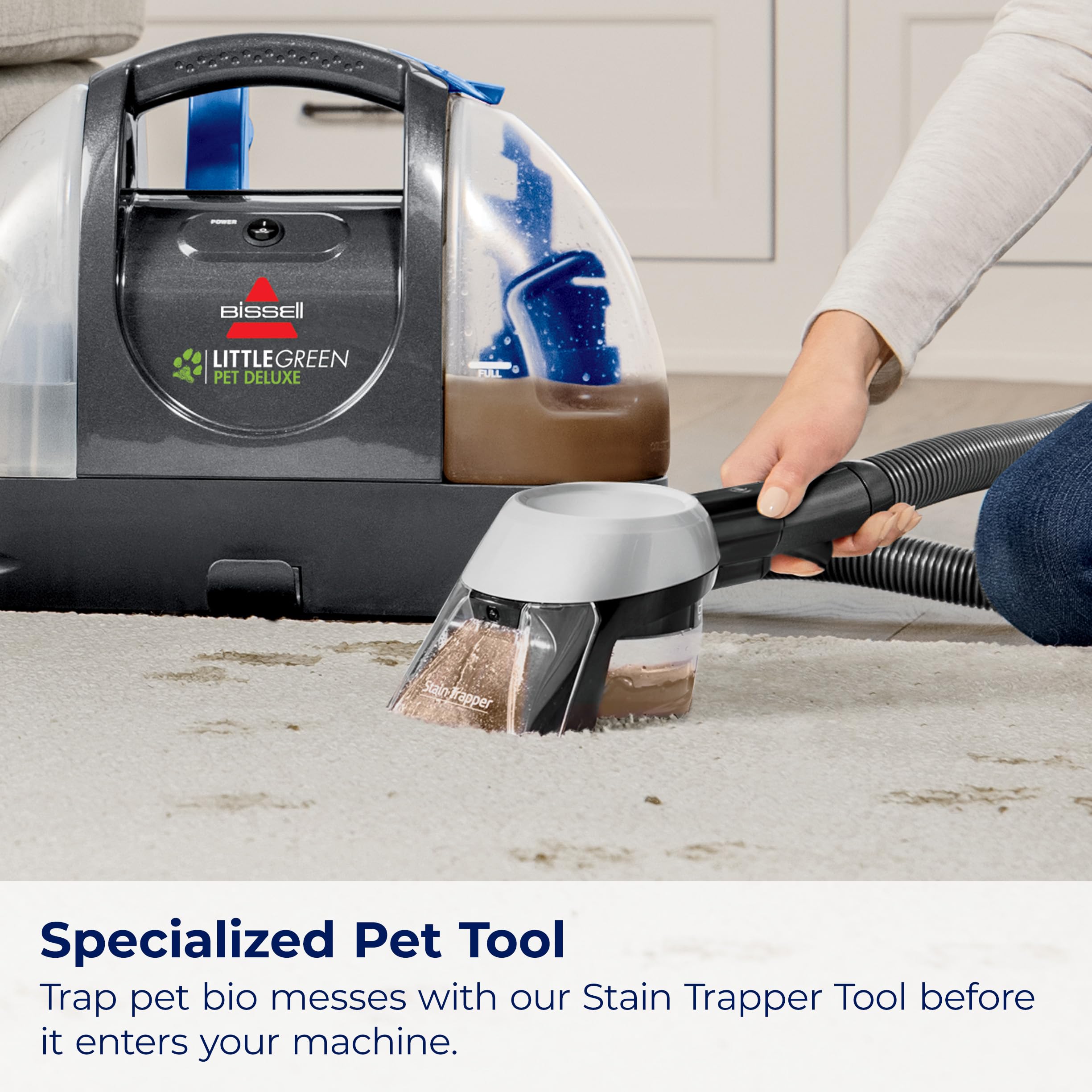 BISSELL Little Green Pet Deluxe removing a stain from a car seat for auto interior care