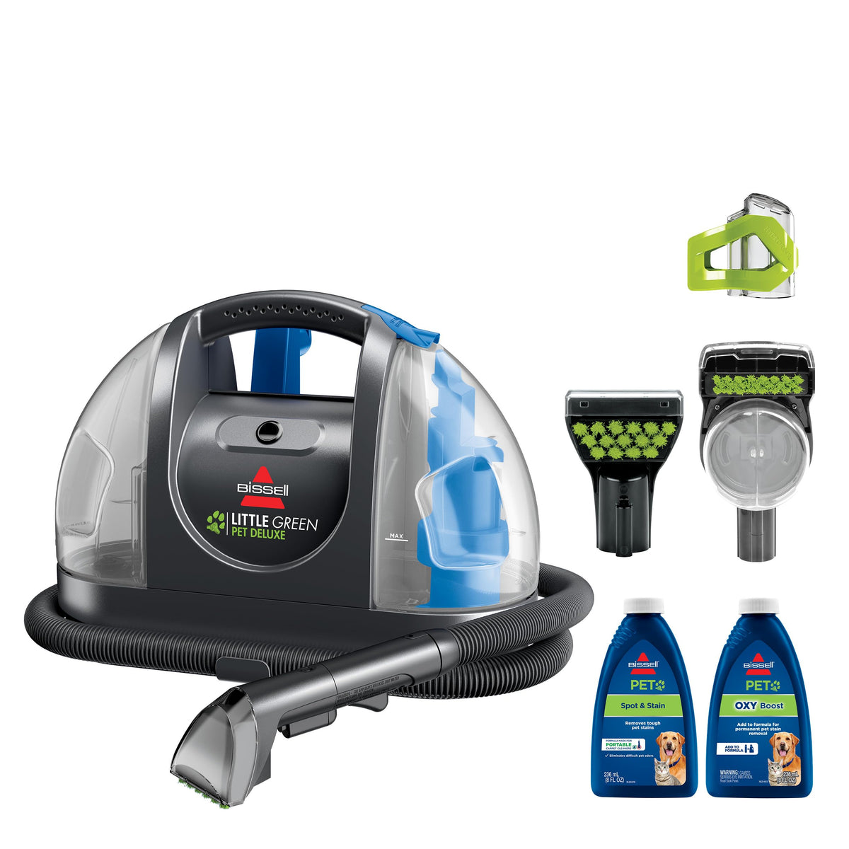 BISSELL Little Green Pet Deluxe front view showing compact design and nozzle for quick spot cleaning