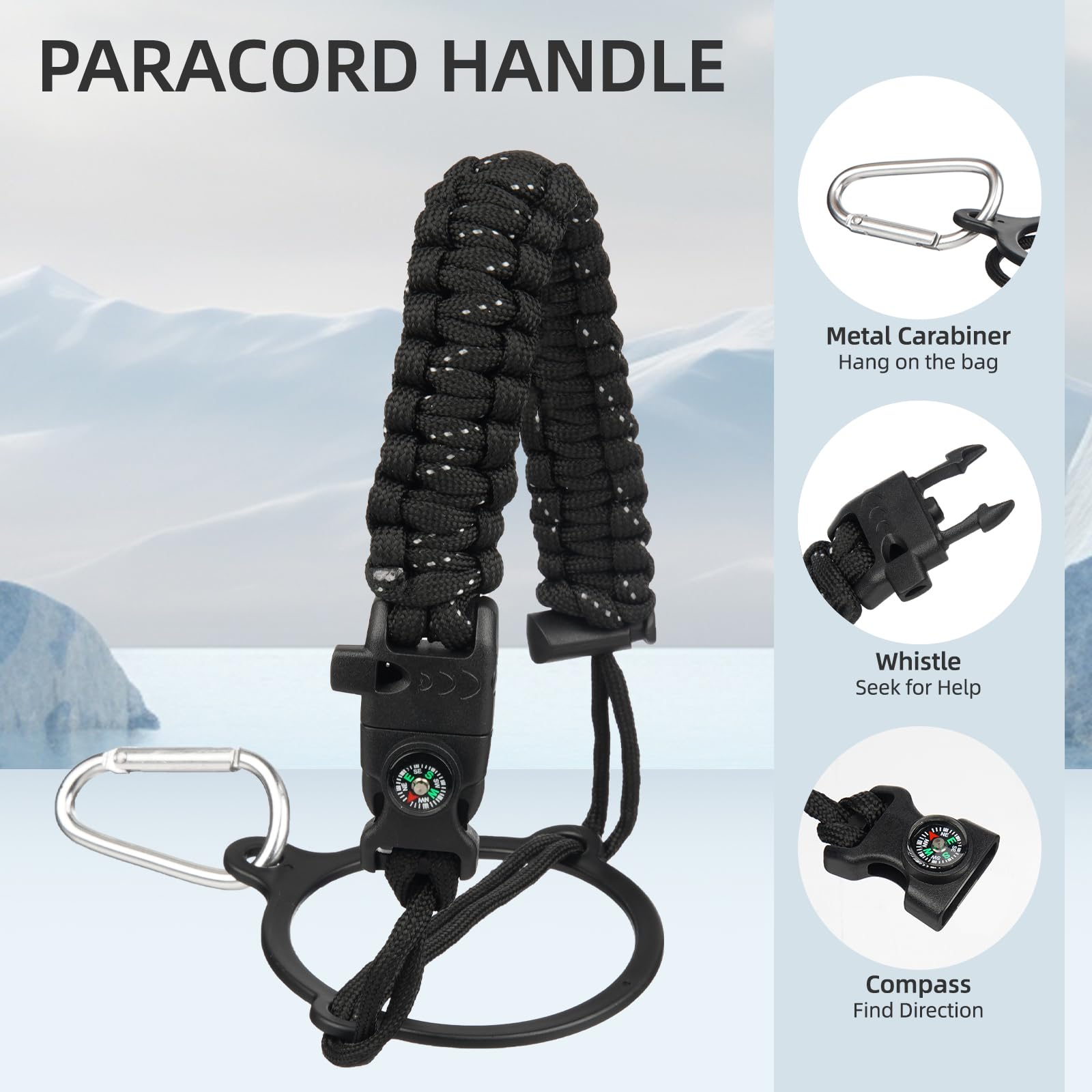 BJPKPK paracord handle with carabiner, compass, and whistle for outdoor preparedness