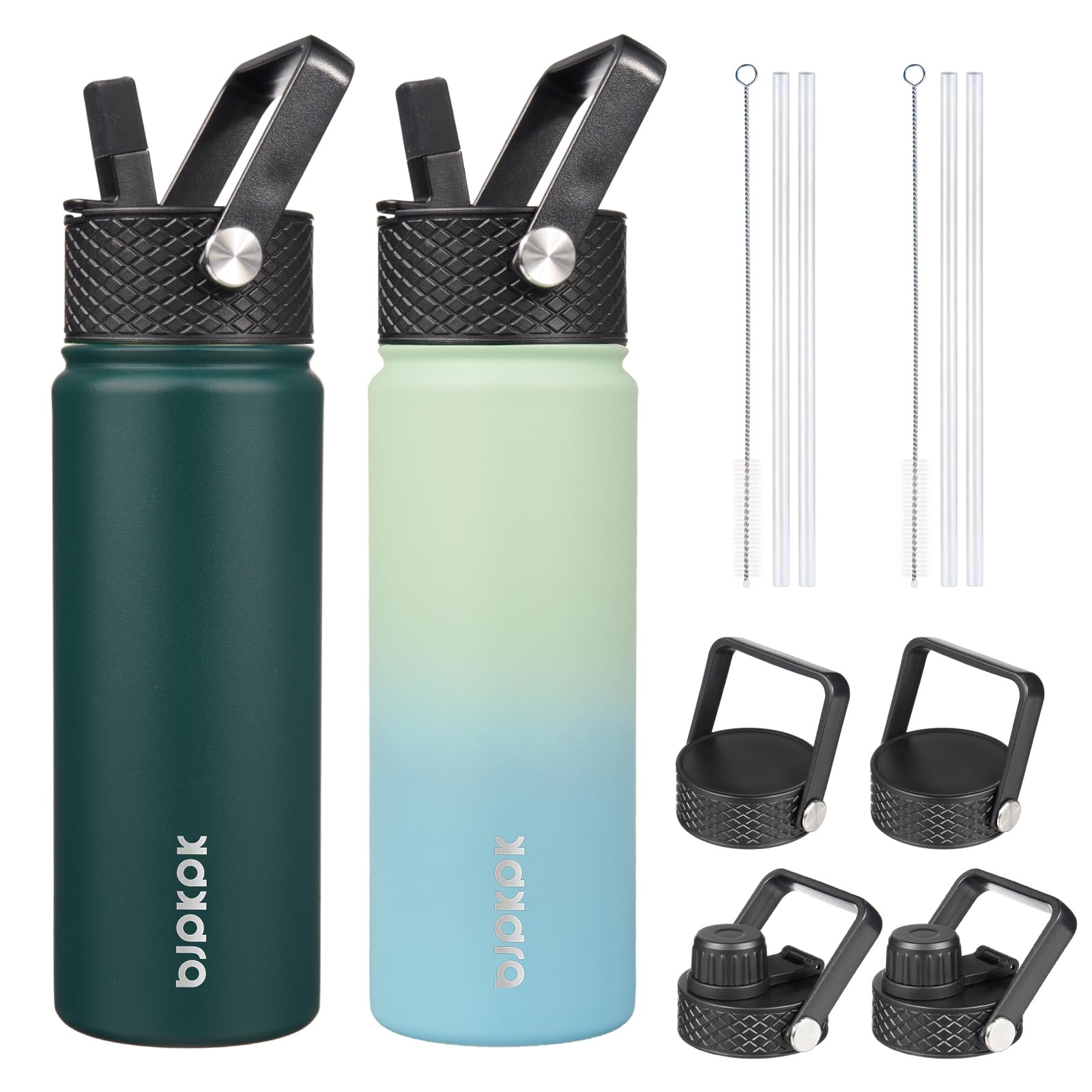 BJPKPK front view of two 22oz bottles showing included lids and benefits