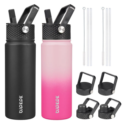 BJPKPK front view of two 22oz bottles showing set and lids benefit versatility