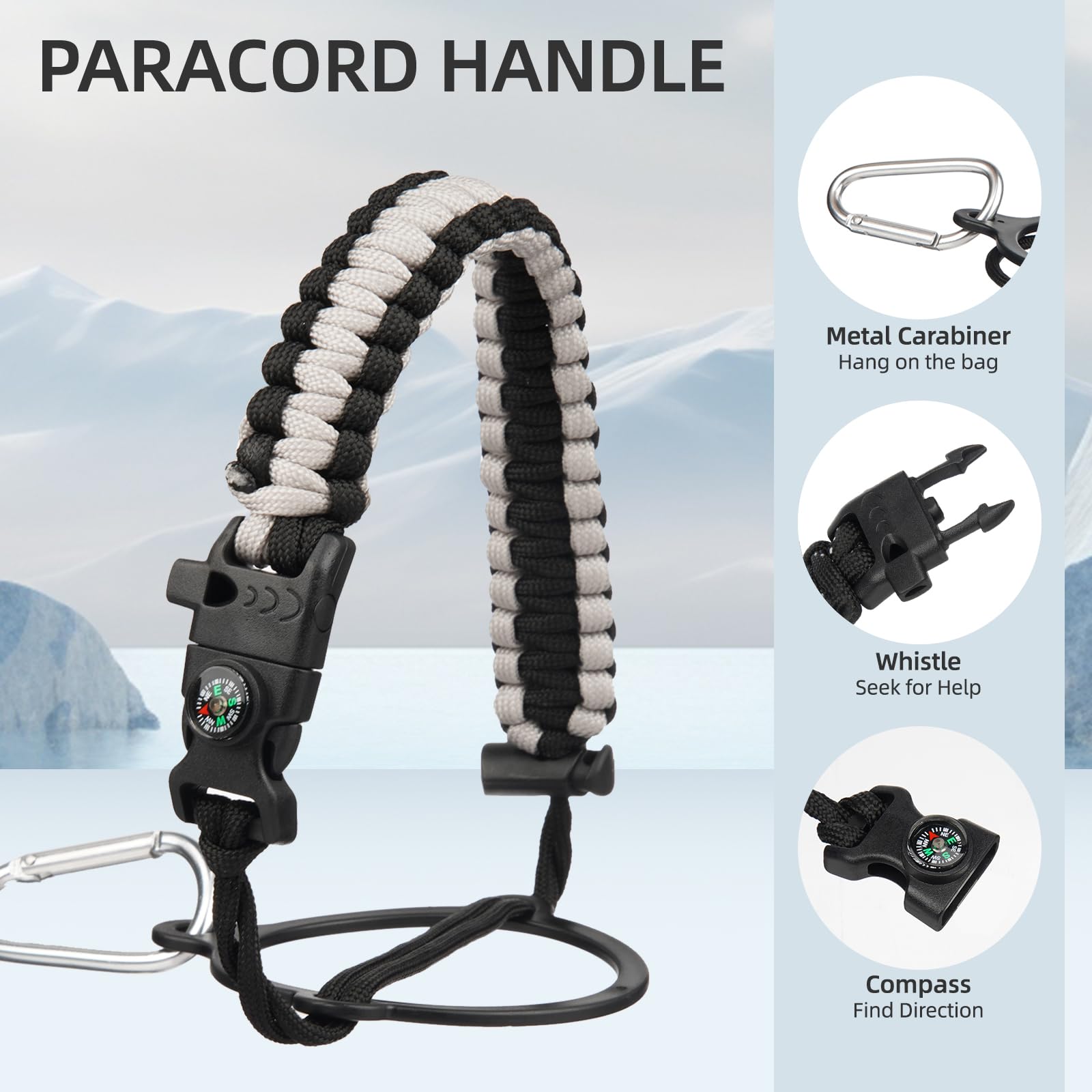 BJPKPK paracord handle detail showing compass and whistle benefit