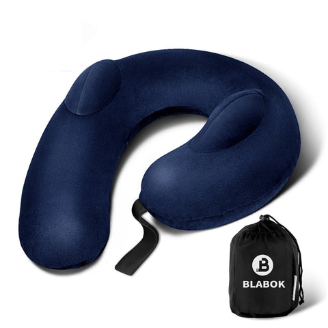 BLABOK front view of dark blue travel pillow showing shape and support benefits