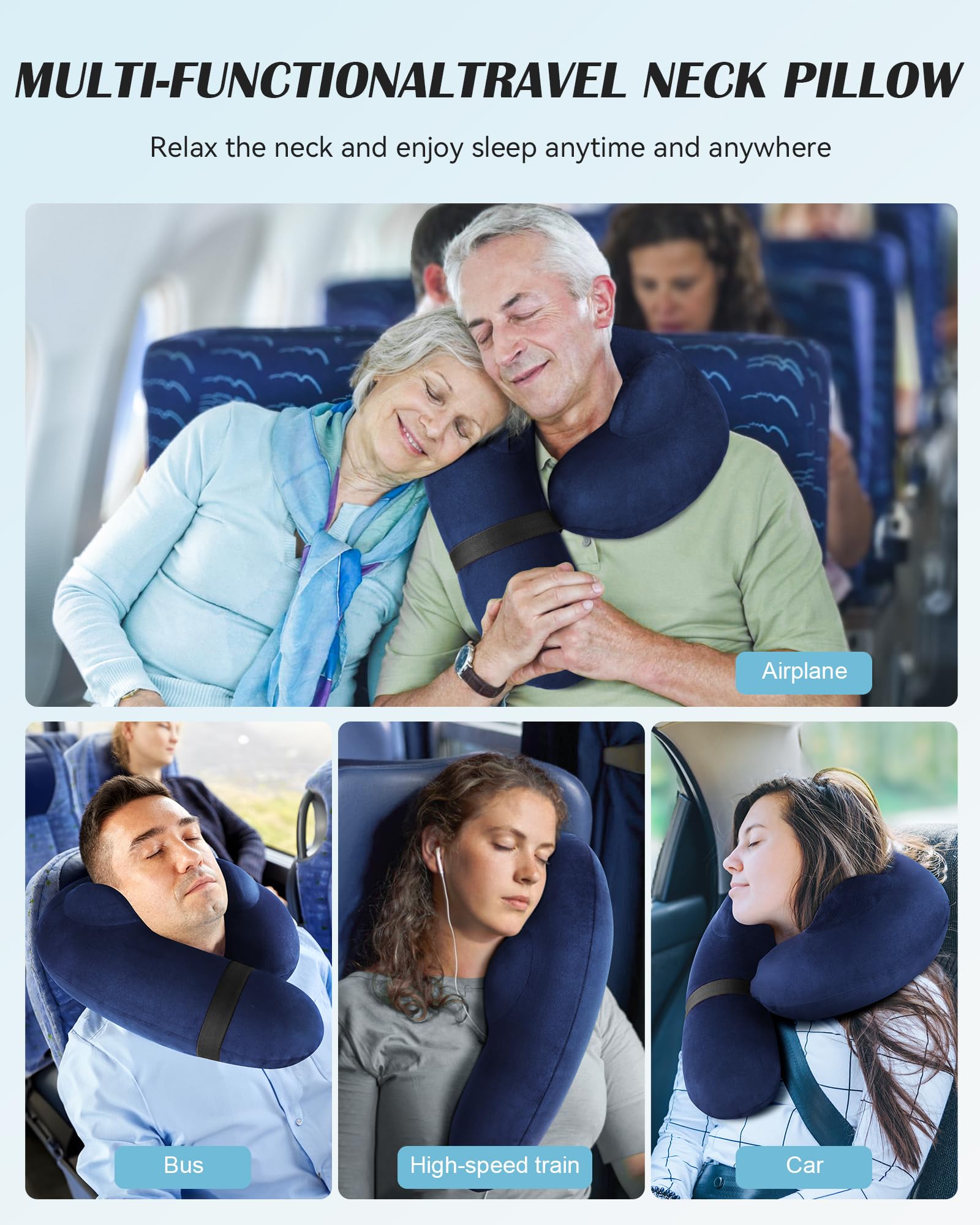 BLABOK inflated neck pillow in airplane seat offering stable head and neck support