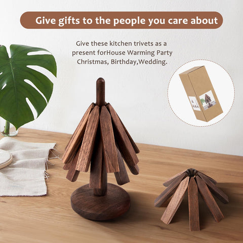 black walnut trivets folded on their tree-shaped storage base for compact saving