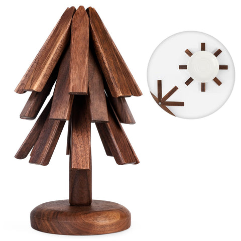 black walnut trivets front set showing three pieces and base, organized and attractive