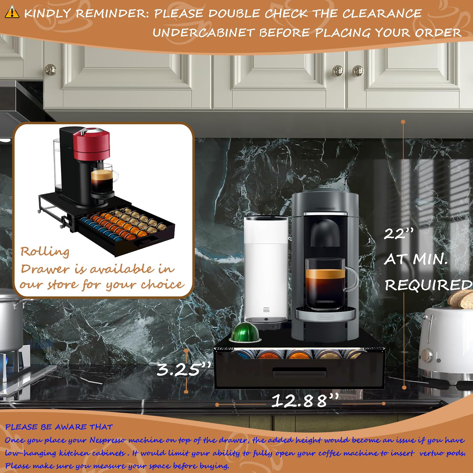 BLACKSMITH FAMILY holder beside a Vertuo machine showing integrated countertop convenience