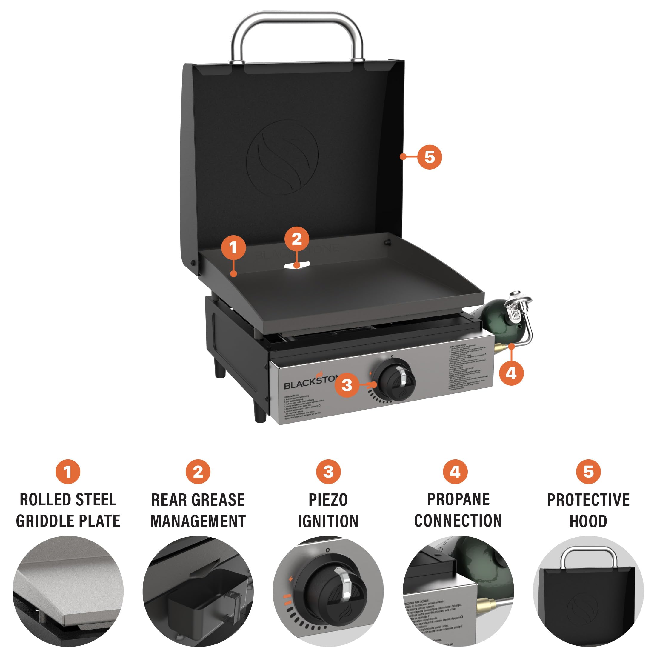 Blackstone close-up of 17-inch steel cooking surface, clear heat distribution benefit