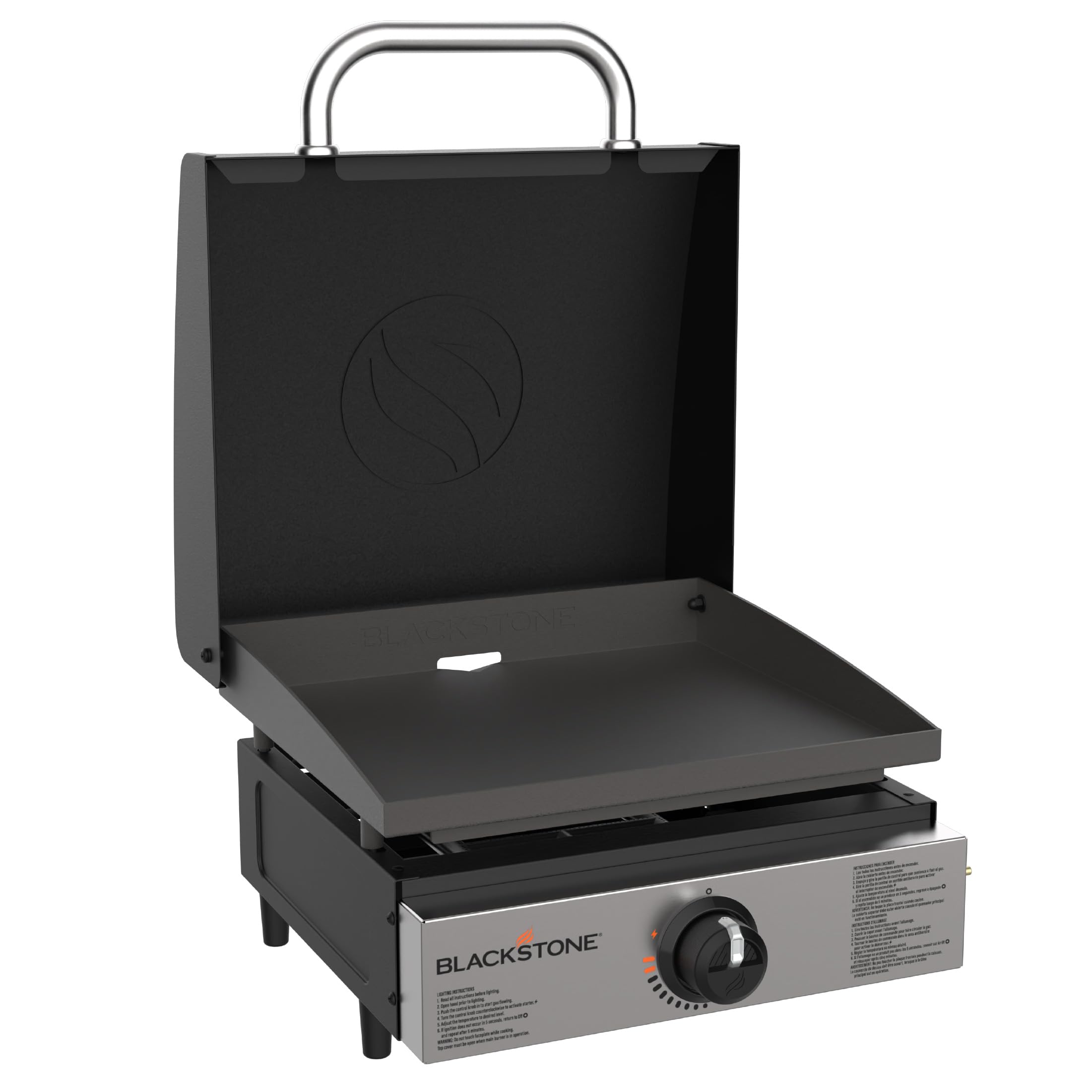 Blackstone 1814 front view showing compact portable griddle and controls, reliable cooking