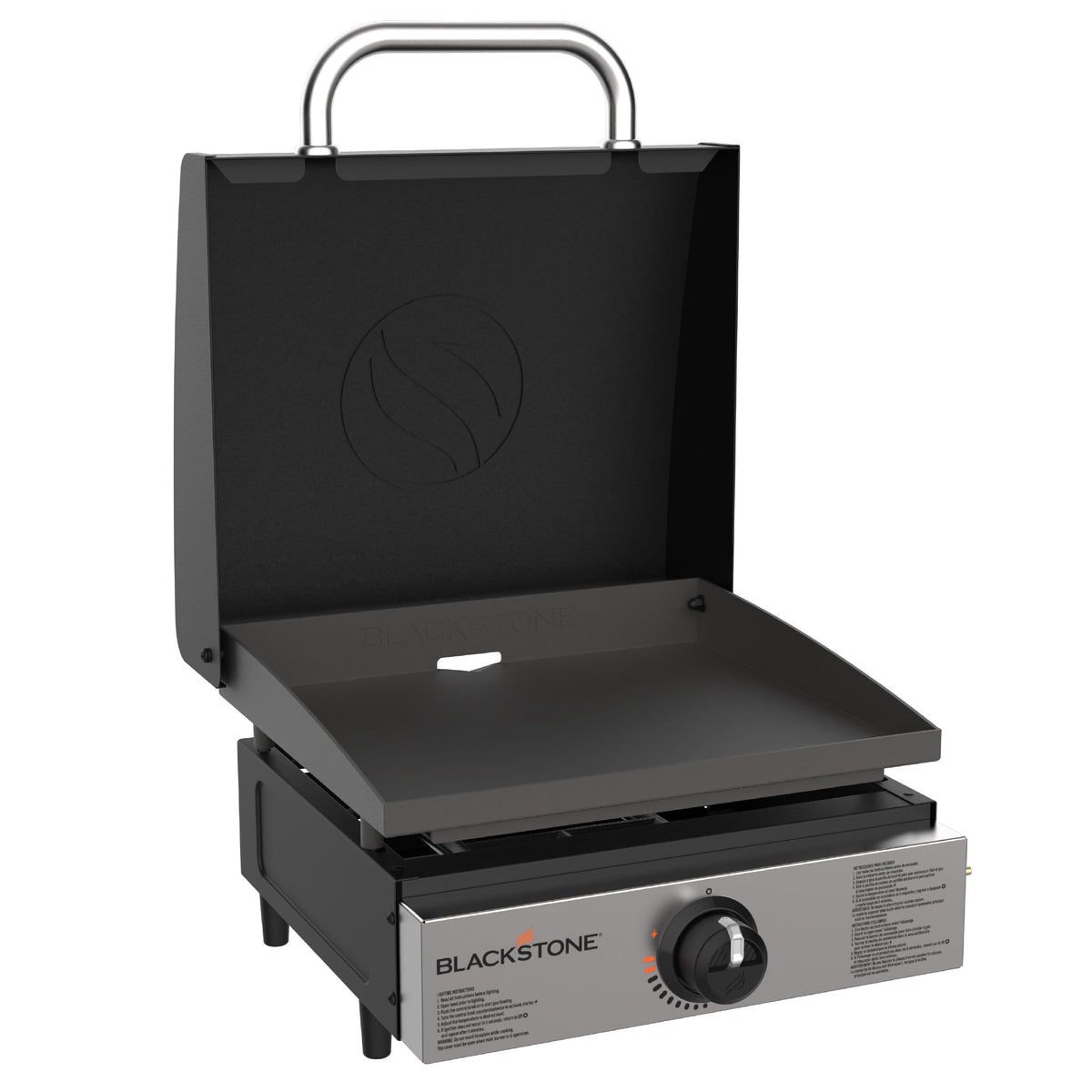 Blackstone 1814 front view showing compact portable griddle and controls, reliable cooking
