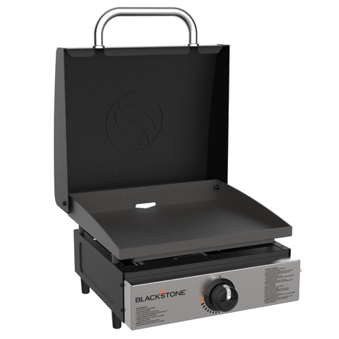 Blackstone 1814 front view showing compact portable griddle and controls, reliable cooking
