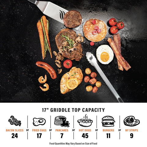 Blackstone griddle on patio serving breakfast for family, convenient compact cooking
