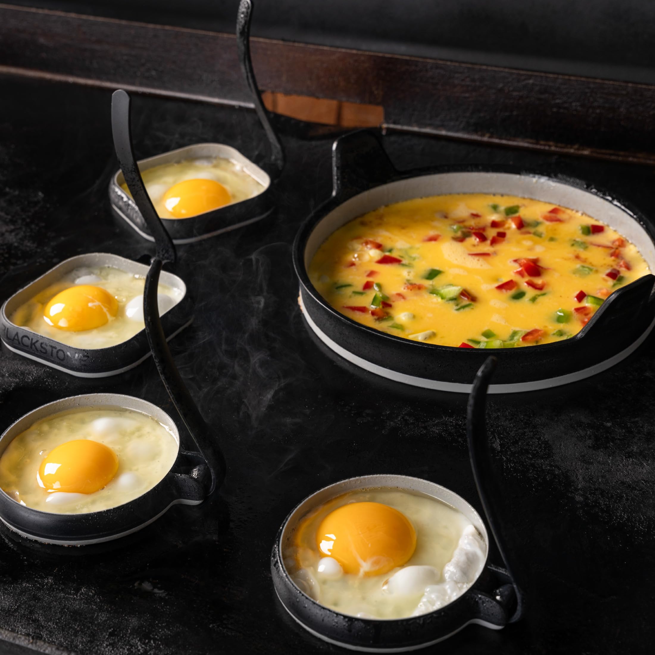 Blackstone egg rings neatly arranged displaying circle and square shapes for portion control