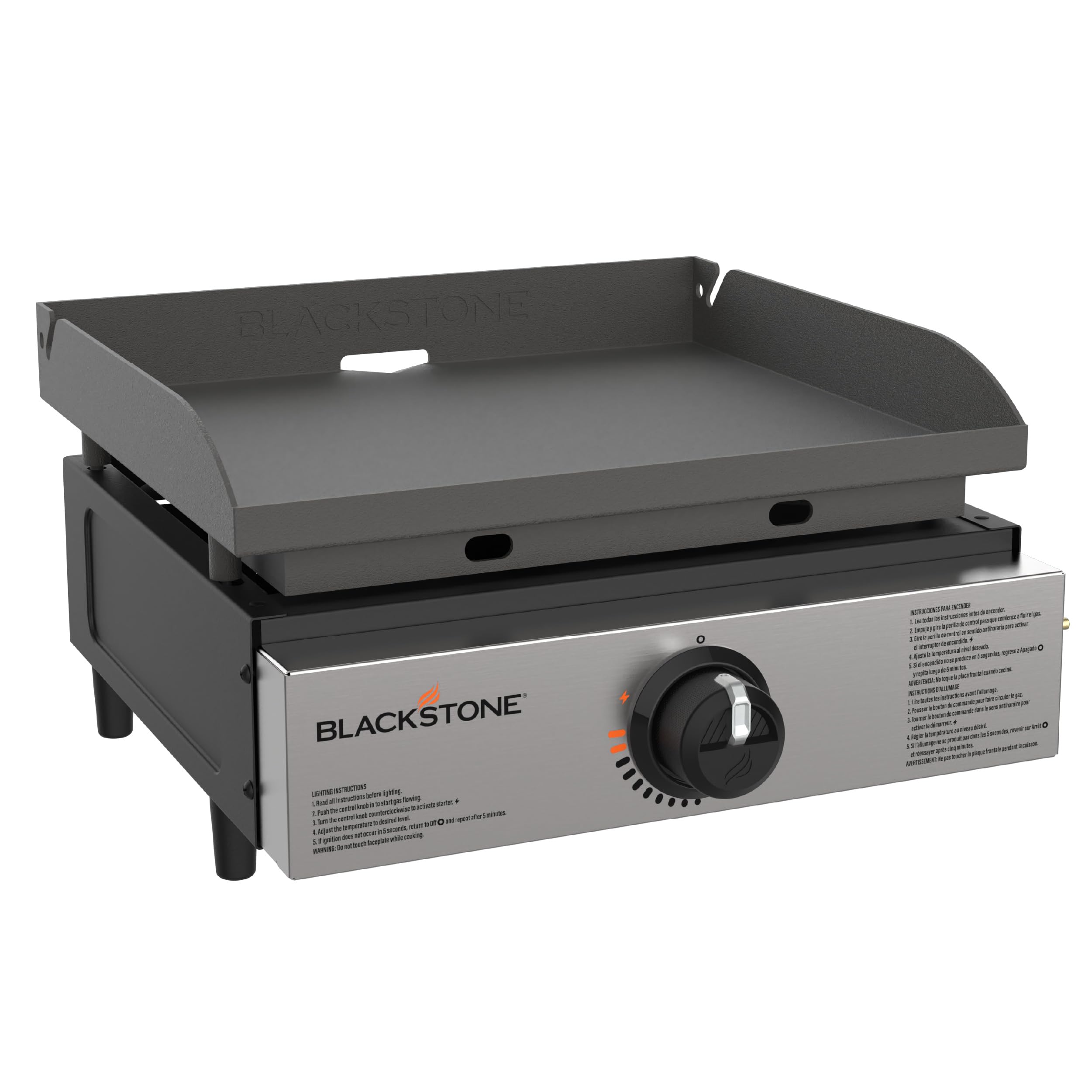 Blackstone front view showing controls and stainless front plate for durable outdoor use