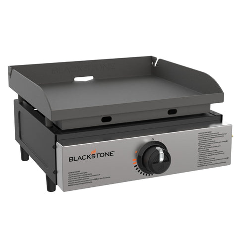 Blackstone front view showing controls and stainless front plate for durable outdoor use