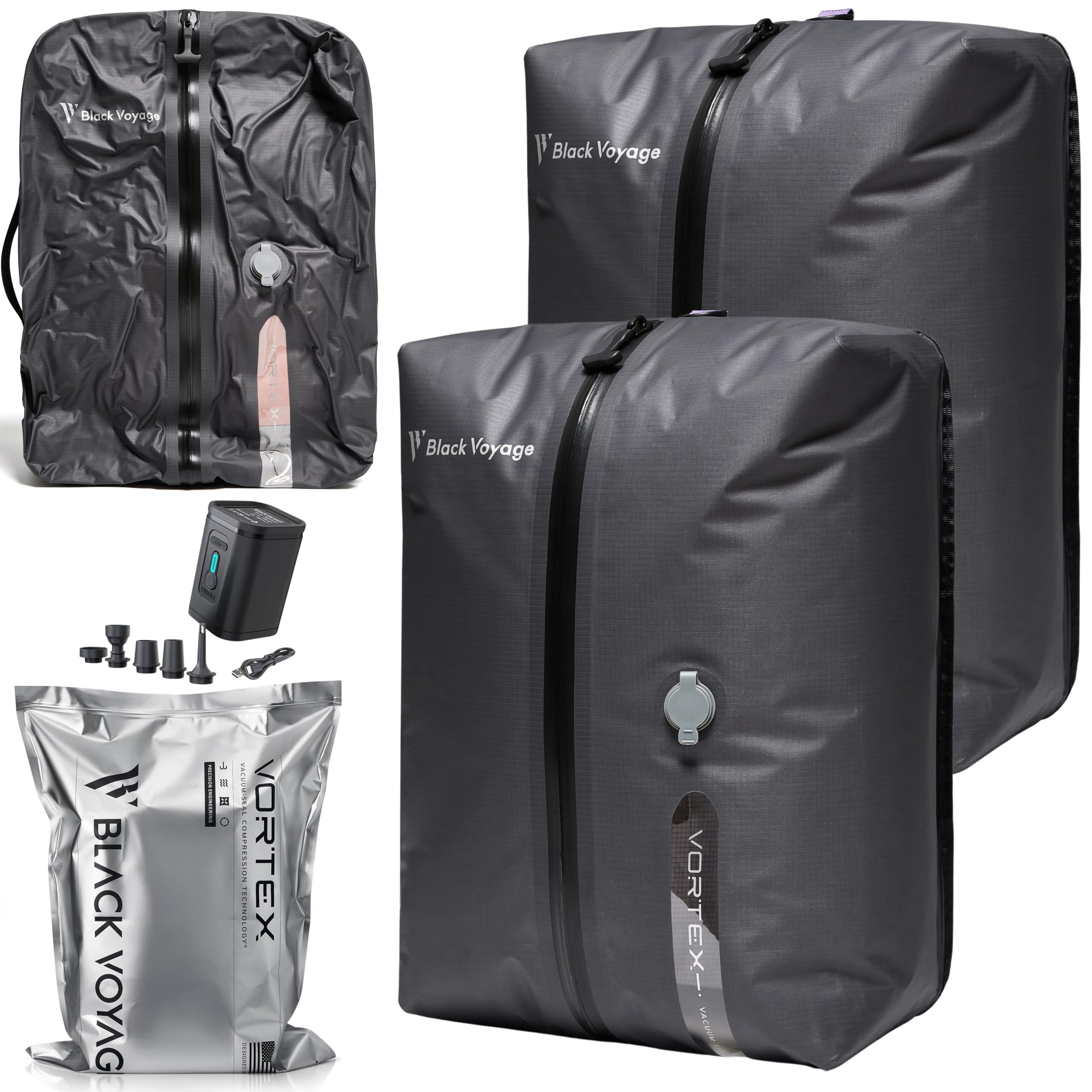 BlackVoyage front view of the 2-pack vacuum travel bags showing compact design and space saving