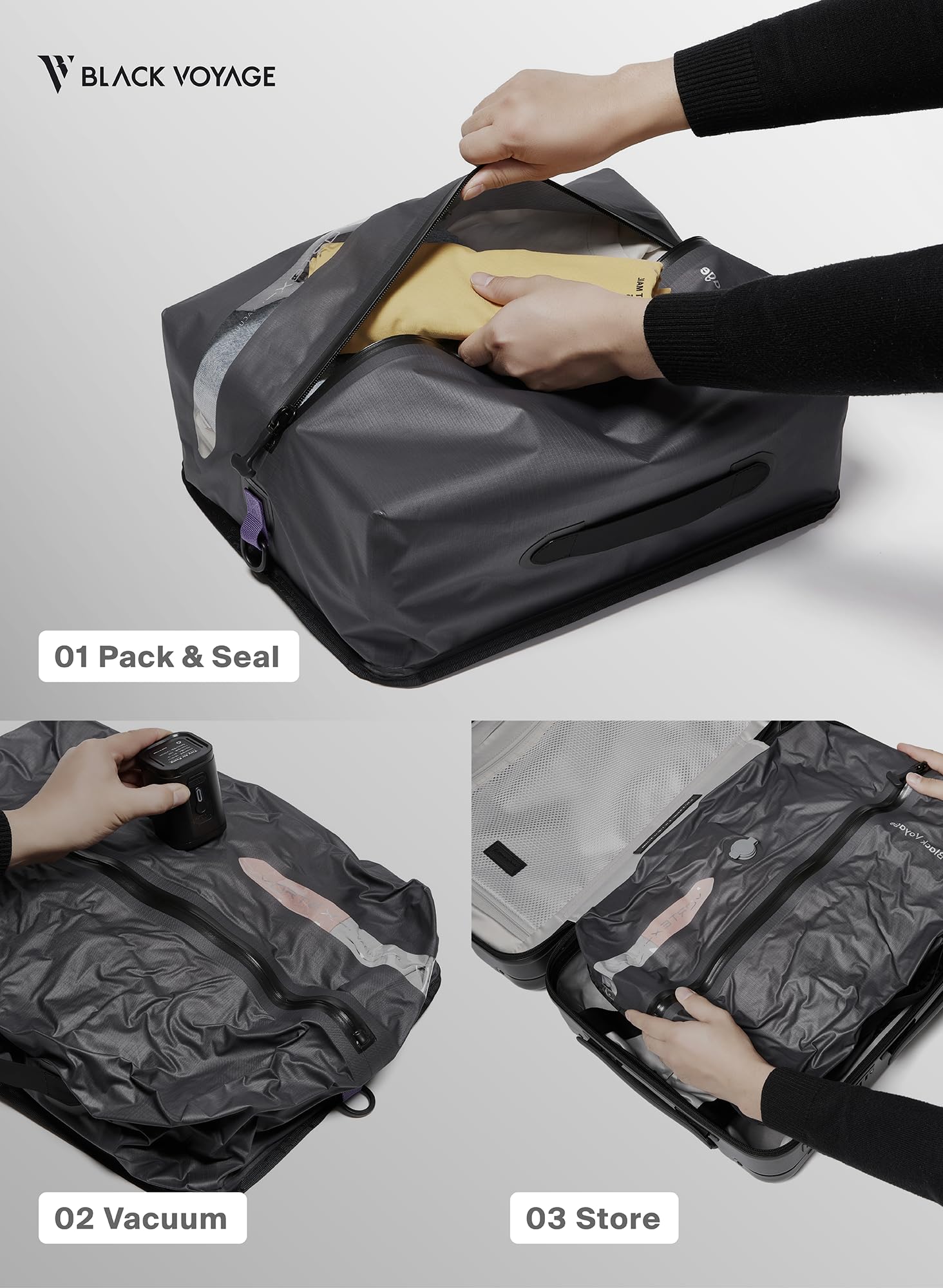BlackVoyage vacuum bags in a campsite van showing outdoor durability benefit