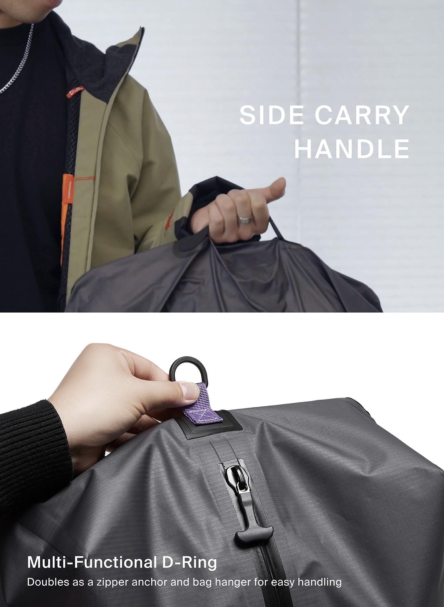 BlackVoyage bag resisting water splashes demonstrating waterproof protection for packed items