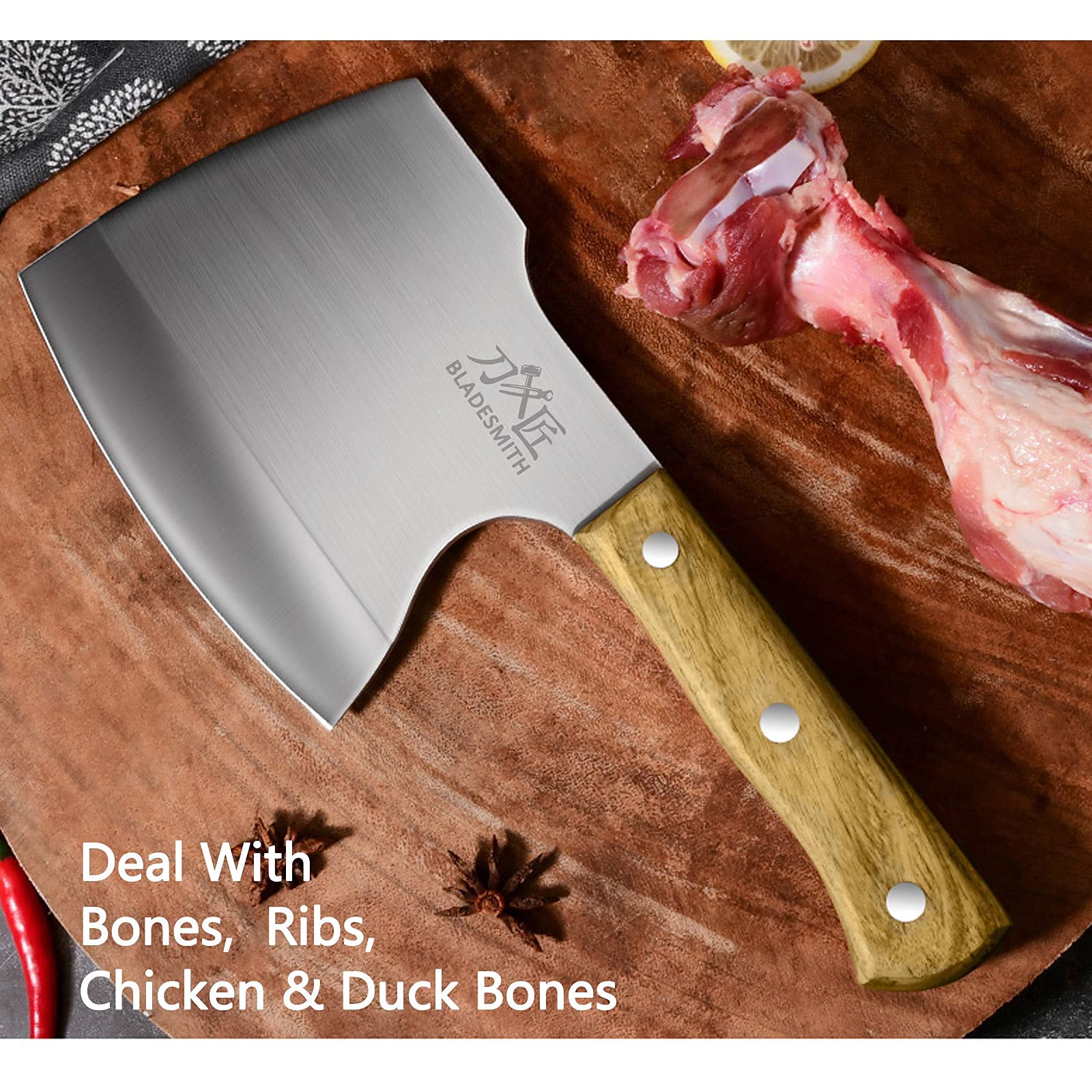 BLADESMITH pear wood handle detail offering secure non-slip grip