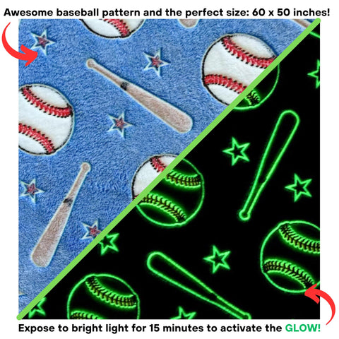 Blanket Buddies glow-in-the-dark baseball detail glowing for bedtime fun