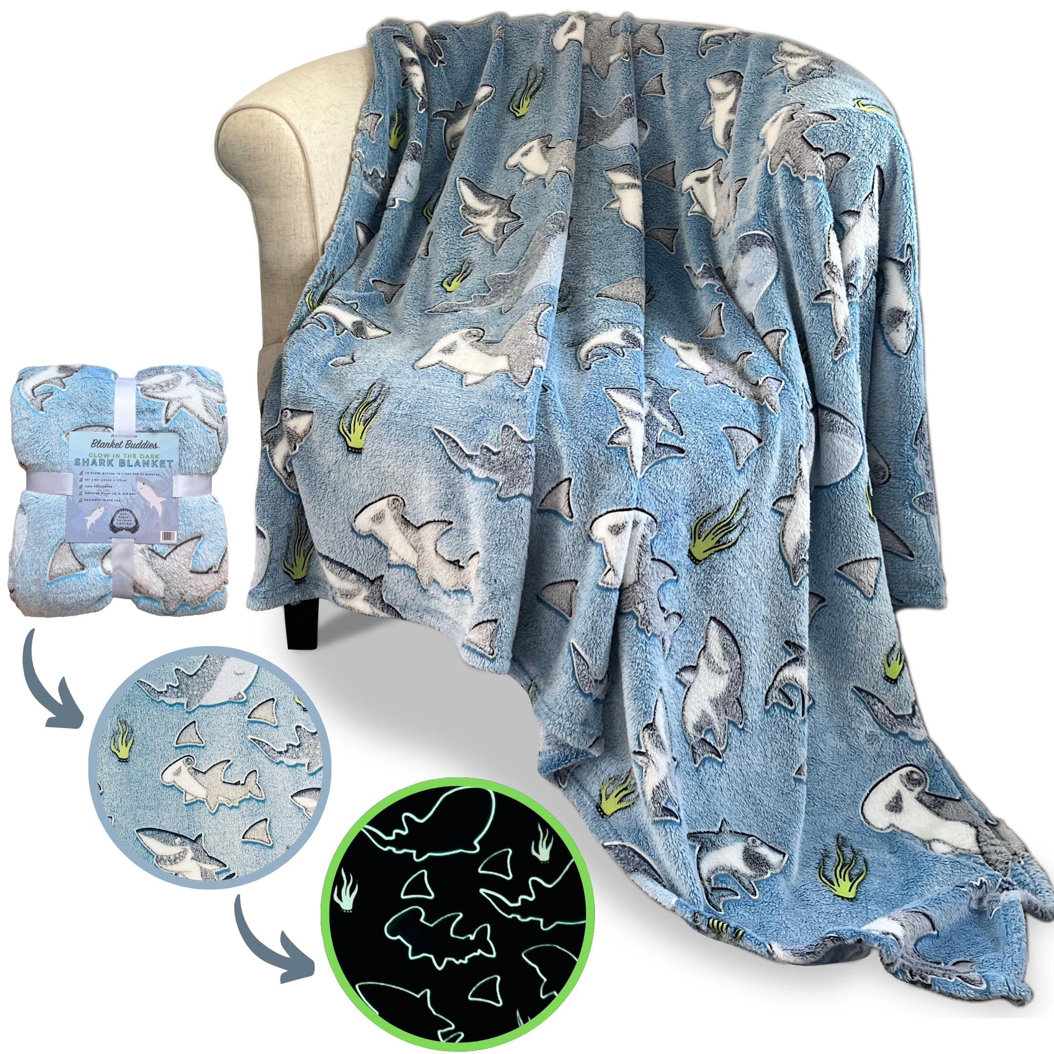 Blanket Buddies front view showing blue shark print and cozy look