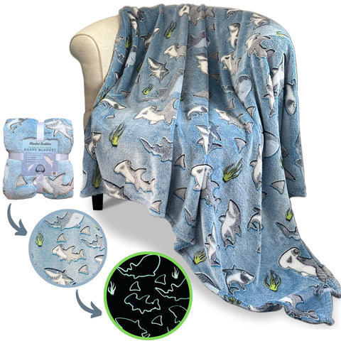 Blanket Buddies front view showing blue shark print and cozy look
