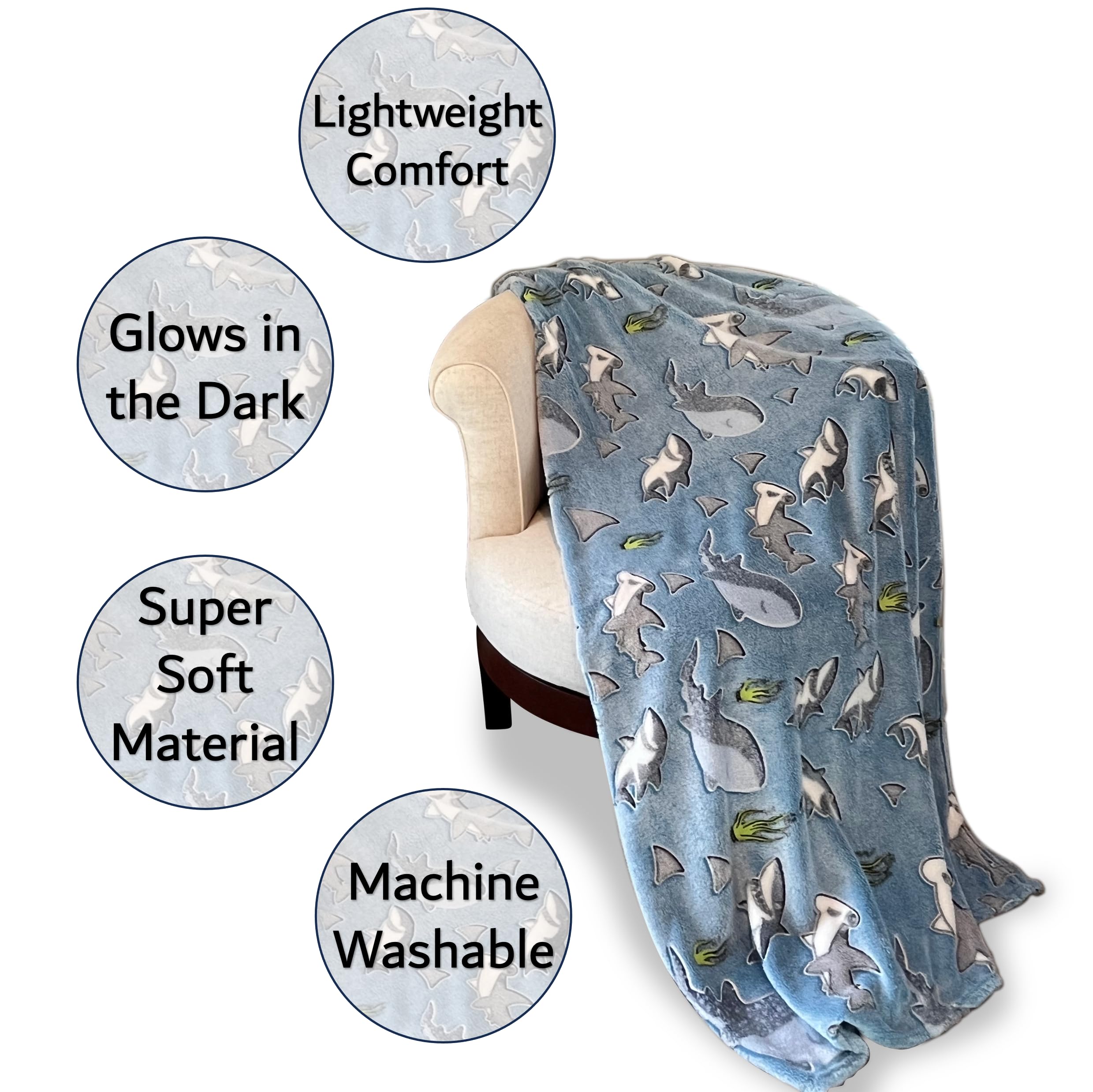 Blanket Buddies glowing shark print at night demonstrating fun glow