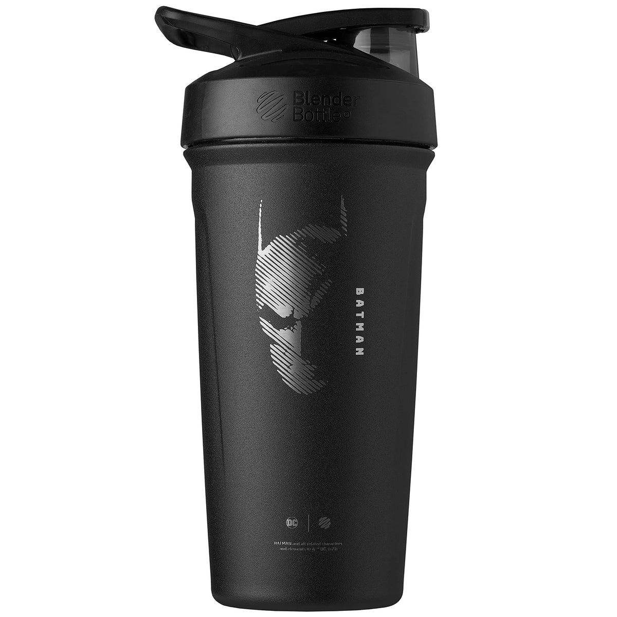 BlenderBottle Batman front view showing licensed Justice League graphics and stainless body for style