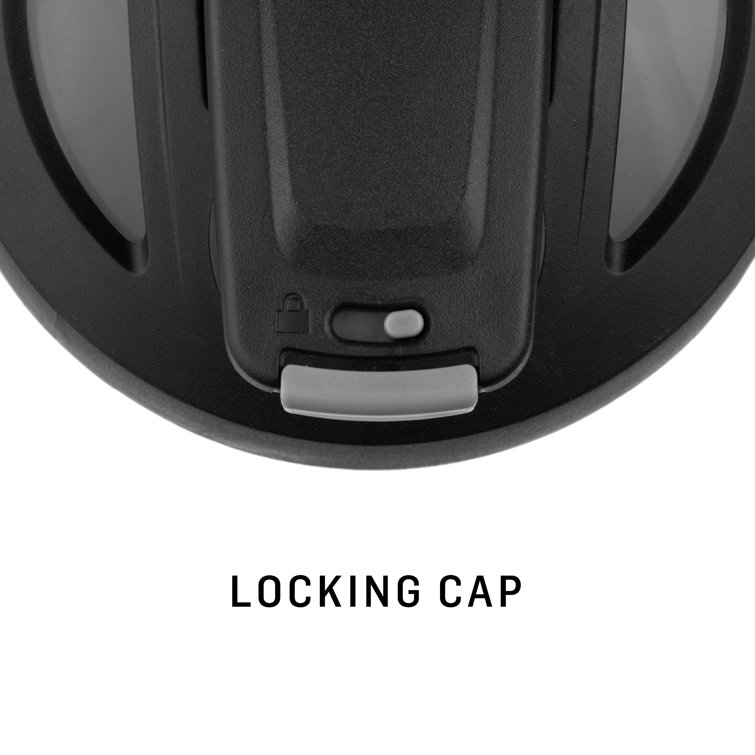 BlenderBottle Batman lid detail showing push-button flip cap and sliding lock for spill prevention