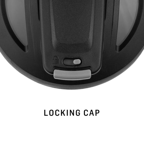 BlenderBottle Batman lid detail showing push-button flip cap and sliding lock for spill prevention