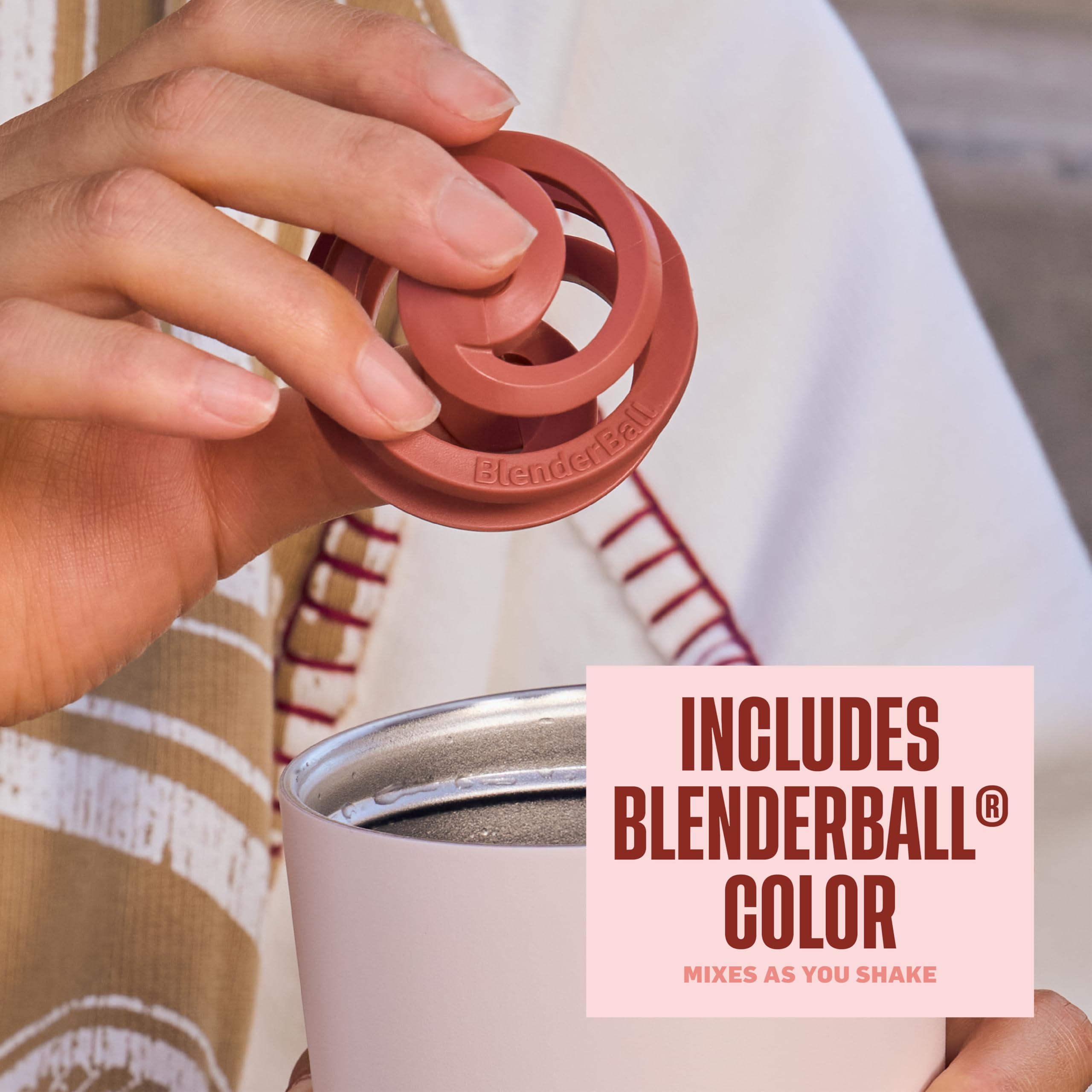 BlenderBottle BlenderBall Color close-up demonstrating mixing efficiency and bright personalization