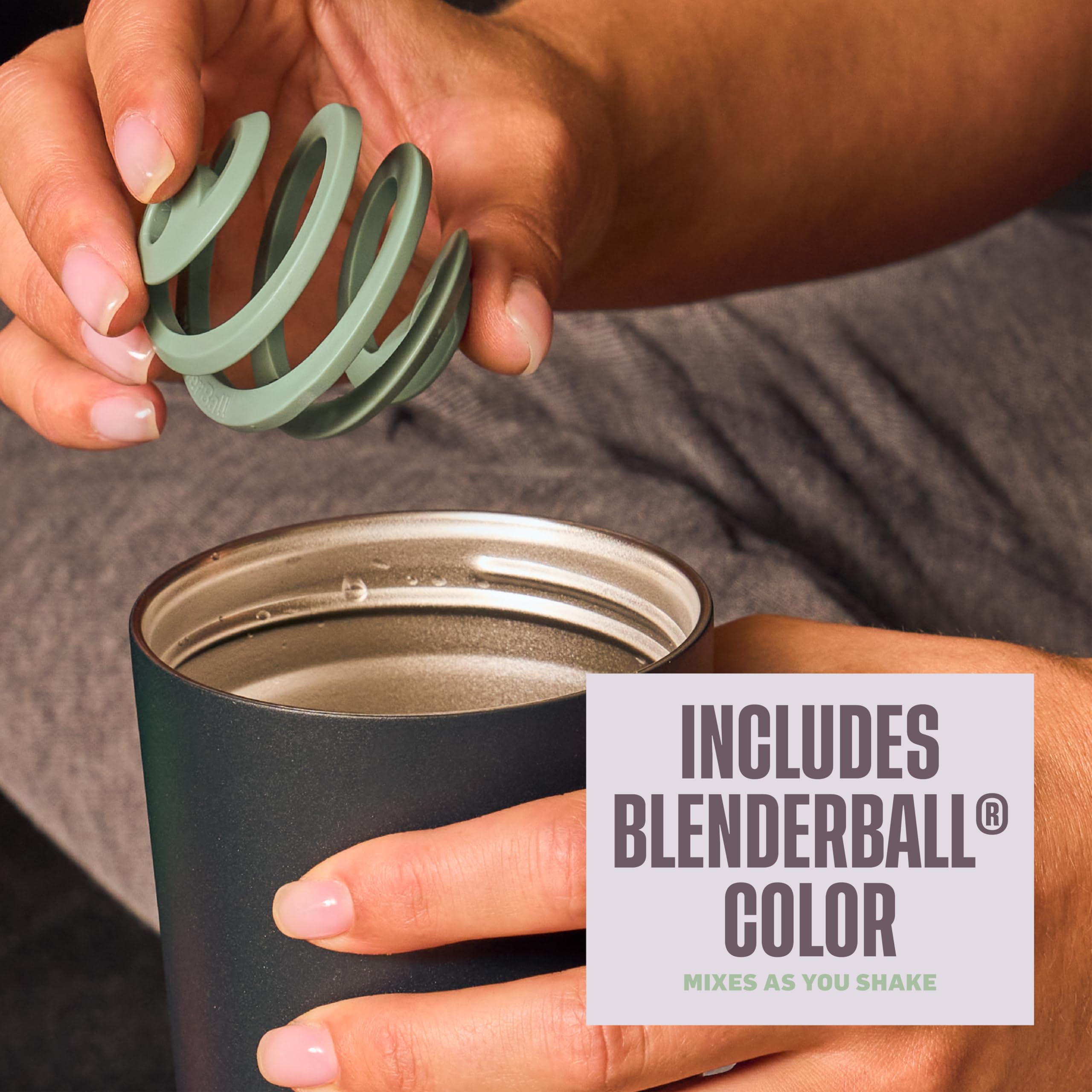 BlenderBottle mixing with BlenderBall Color showing fast blend benefit
