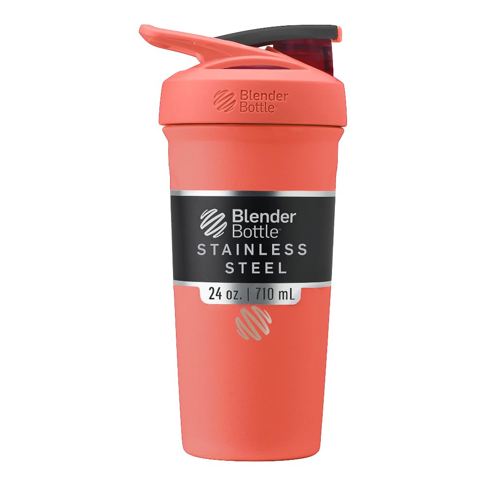 BlenderBottle coral front view showing bottle and secure flip cap for easy carrying
