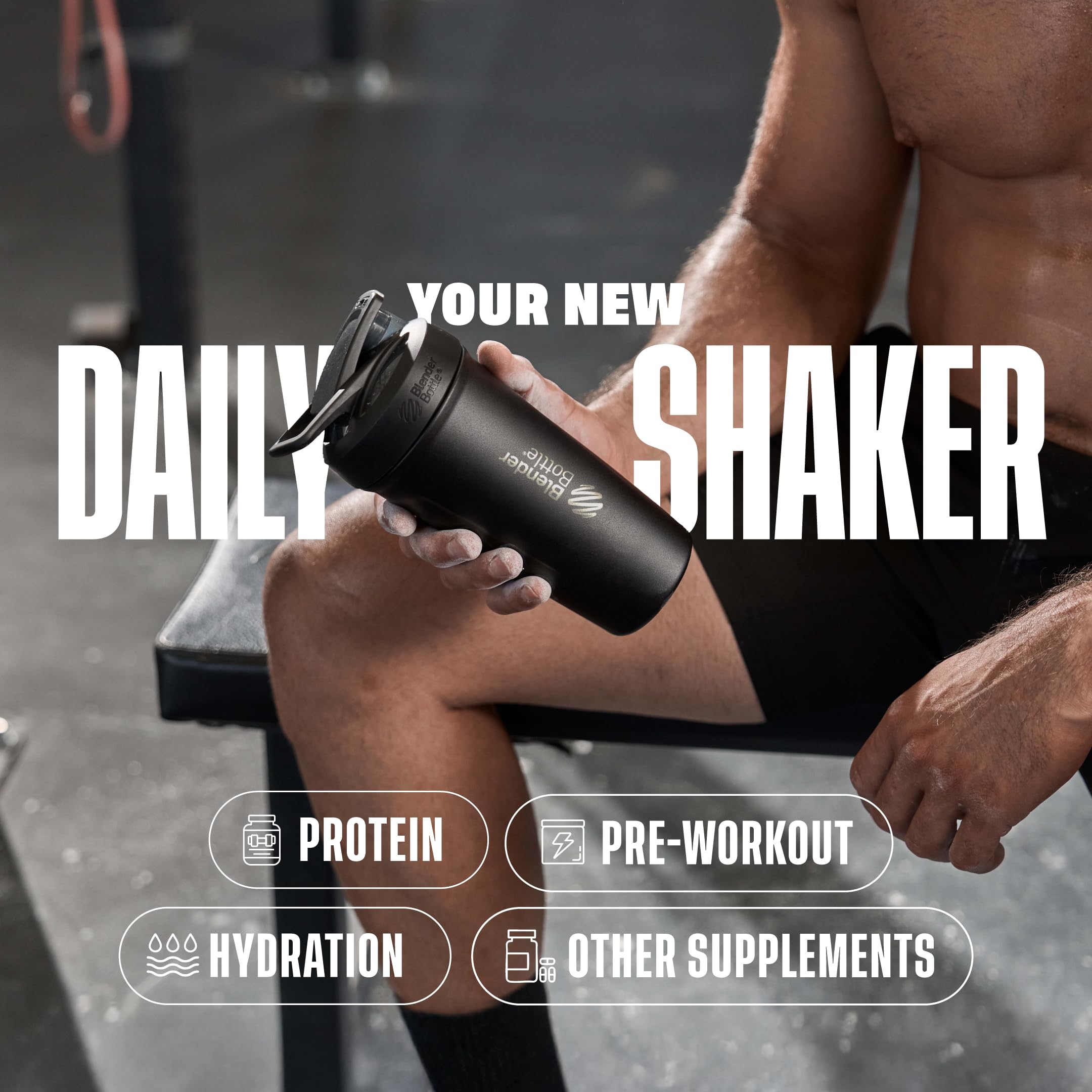 BlenderBottle on gym bench beside weights illustrating portable cold drink convenience