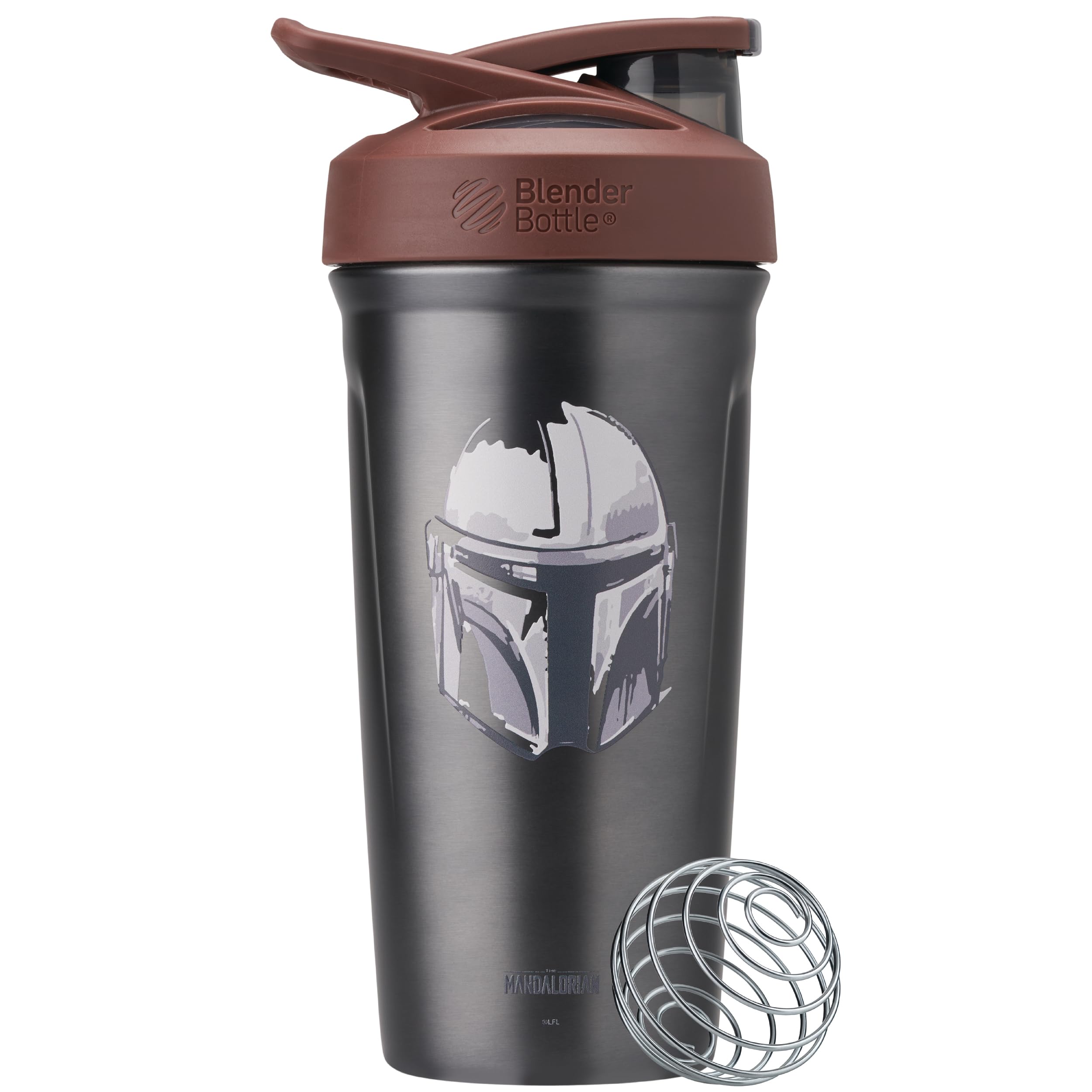 BlenderBottle front view showing Mandalorian helmet and insulated benefits