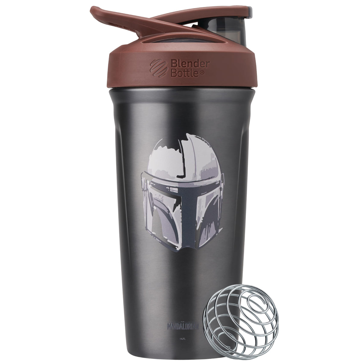 BlenderBottle front view showing Mandalorian helmet and insulated benefits