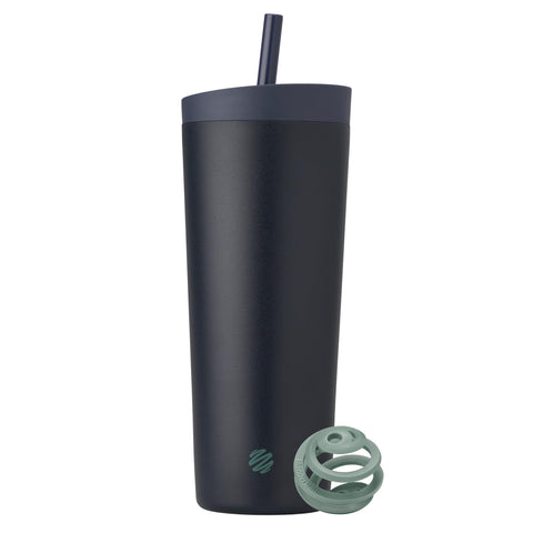 BlenderBottle midnight front view showing sleek tumbler and lid benefits