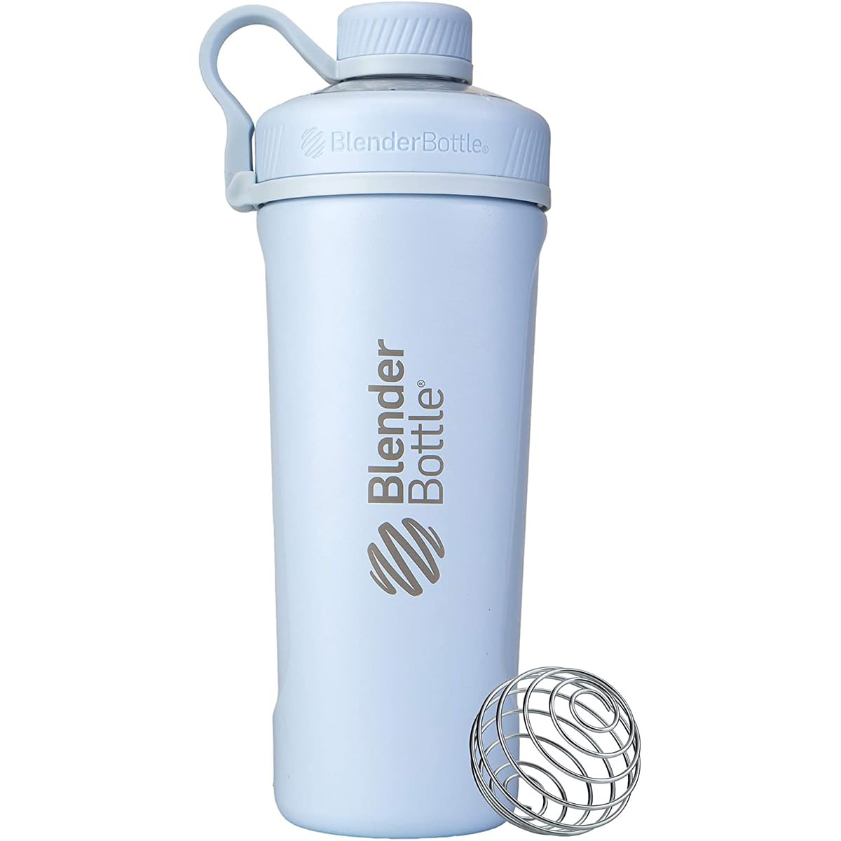 BlenderBottle Radian front view showing matte arctic blue finish and secure lid benefit