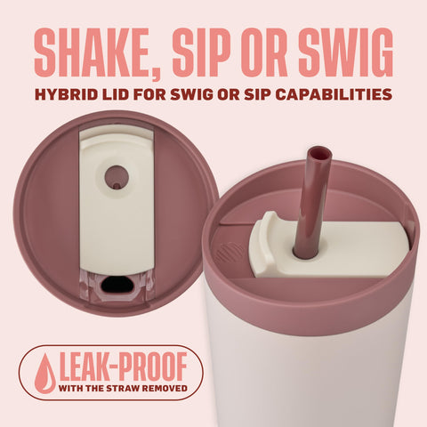 BlenderBottle lid and straw detail showcasing leakproof screw lid and easy-swap benefit