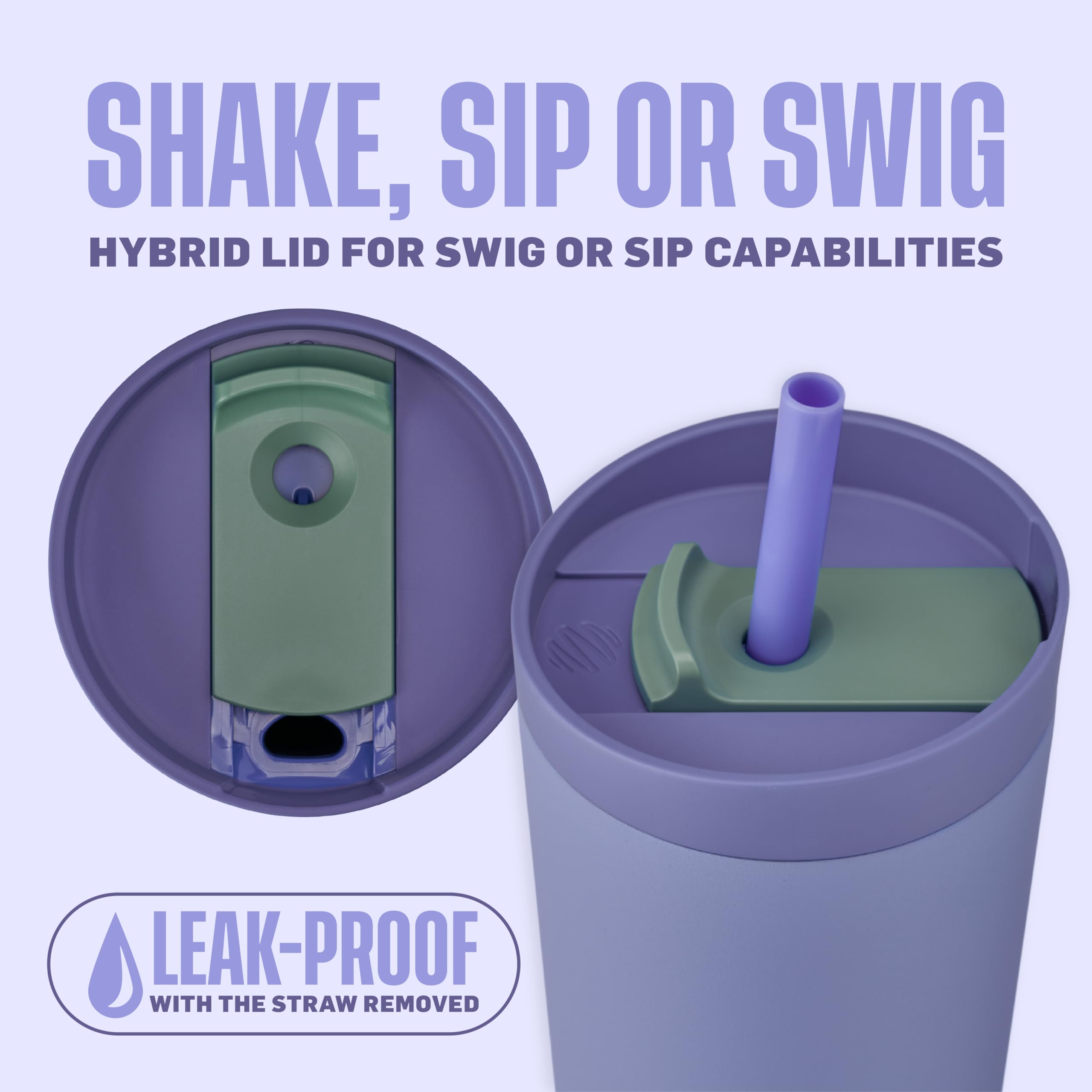 BlenderBottle lid detail showing two-in-one straw and swig design for leakproof use