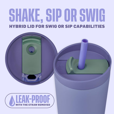 BlenderBottle lid detail showing two-in-one straw and swig design for leakproof use
