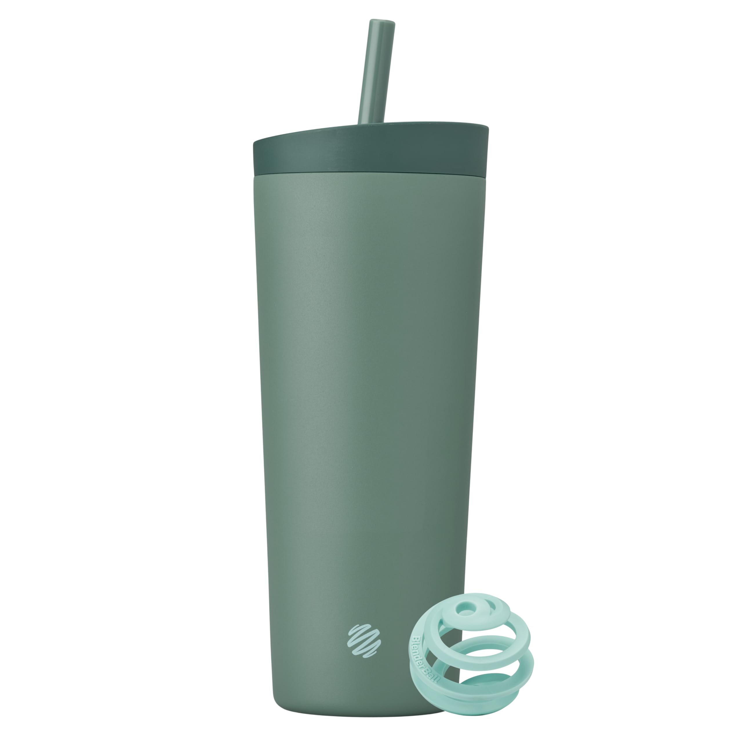 BlenderBottle sea glass front view showing sleek insulated design and benefit of temperature retention