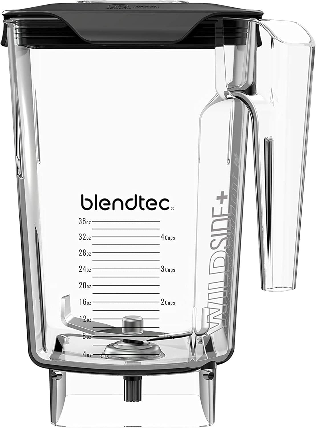 Blendtec WildSide+ jar front view showing clear markings and ergonomic handle, improves pouring