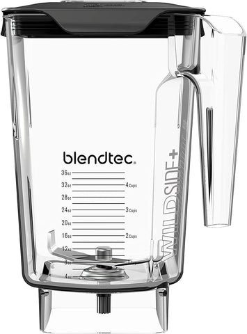 Blendtec WildSide+ jar front view showing clear markings and ergonomic handle, improves pouring