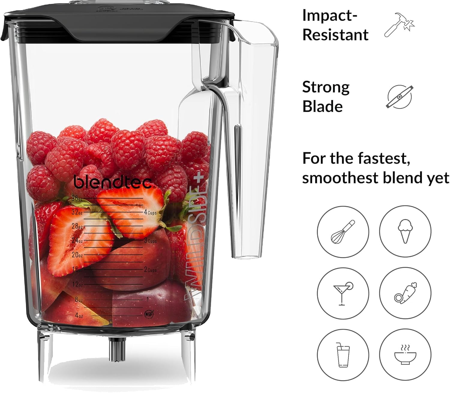 Blendtec WildSide+ next to measuring cup for scale showing 36oz blending capacity and clarity