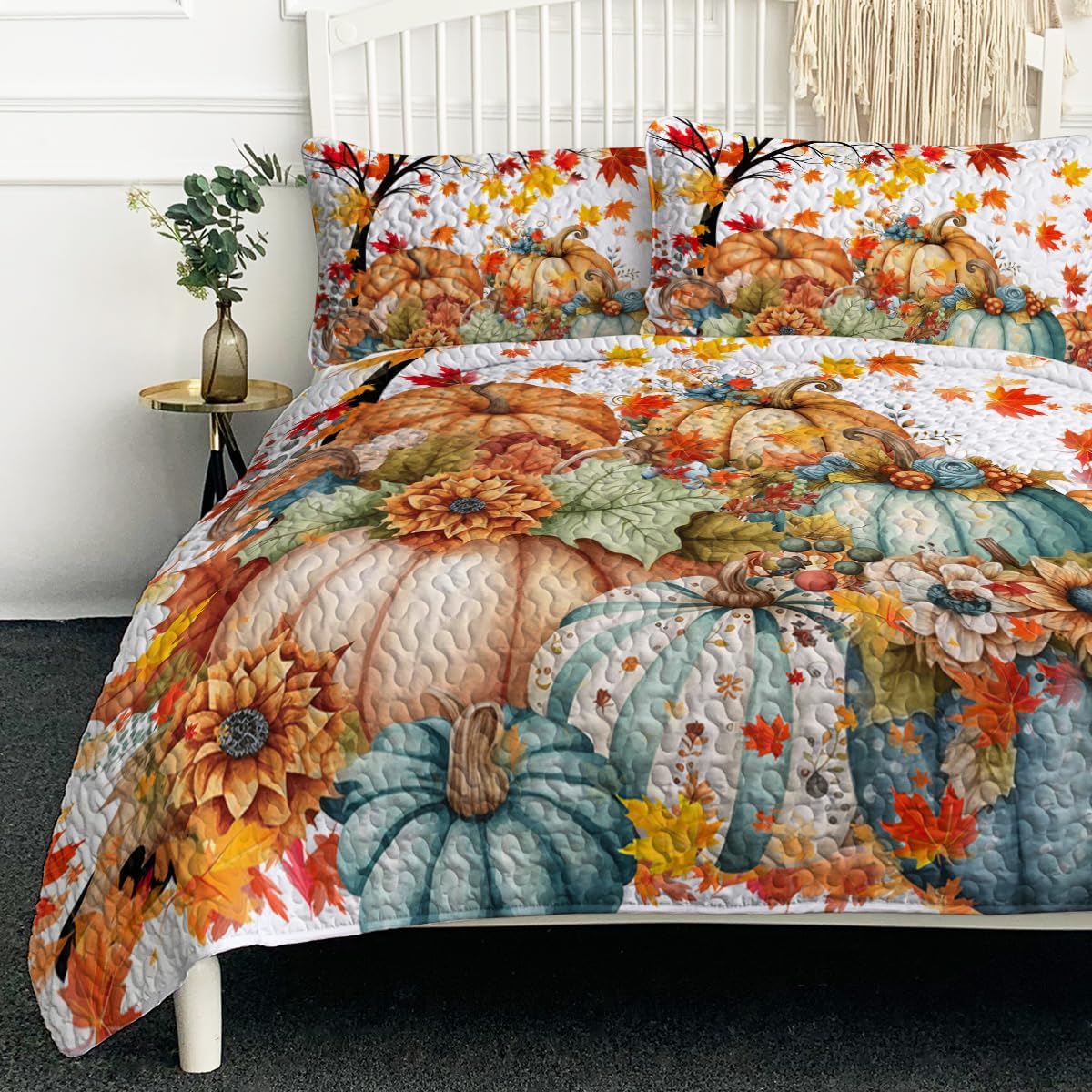 BlessLiving king quilt front view showing pumpkin pattern and cozy appeal